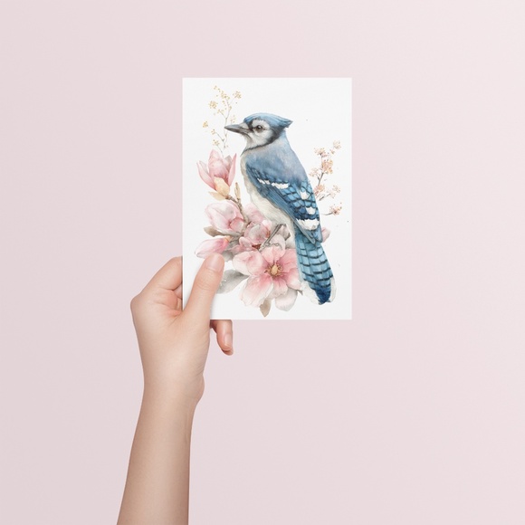 Watercolor Floral Blue Jay Art Print - Unframed Wall Decor - Picture 4 of 6